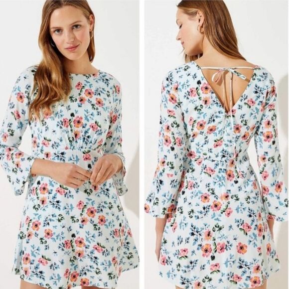 Loft White Mini Floral Tie Back Bell Sleeve Cute Mini Flirty Dress with pockets - Picture 1 of 9
